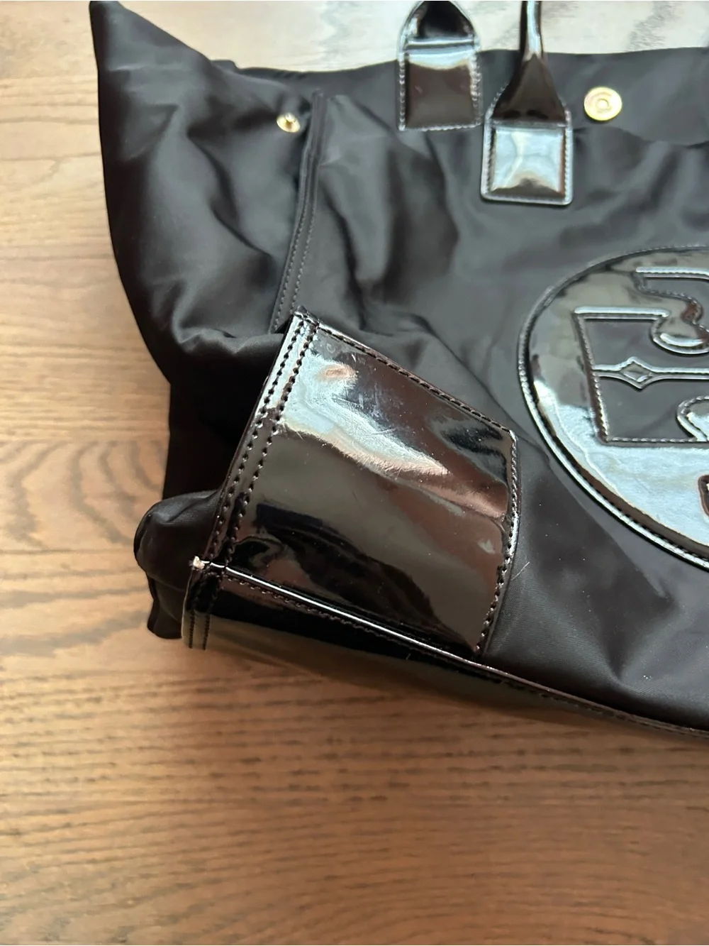 Tory Burch Black Nylon Tote with Glossy Patent Logo